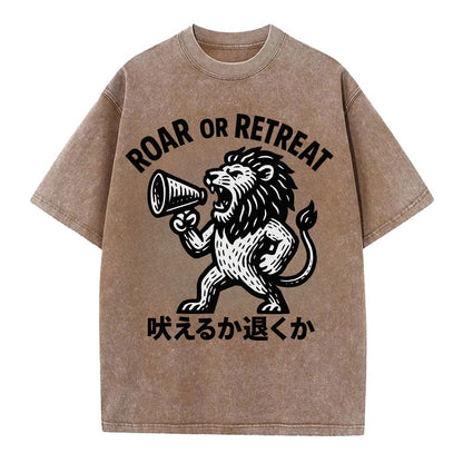 Roar or Retreat - Lion shouting into vin Vintage T-shirt - Brown