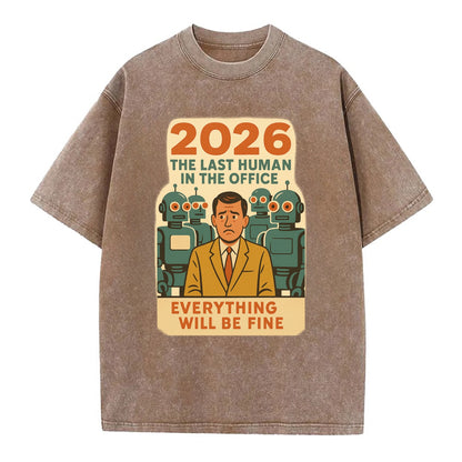Single human worker surrounded by robot coworkers - "The last human in the office" - Vintage T-shirt - Brown