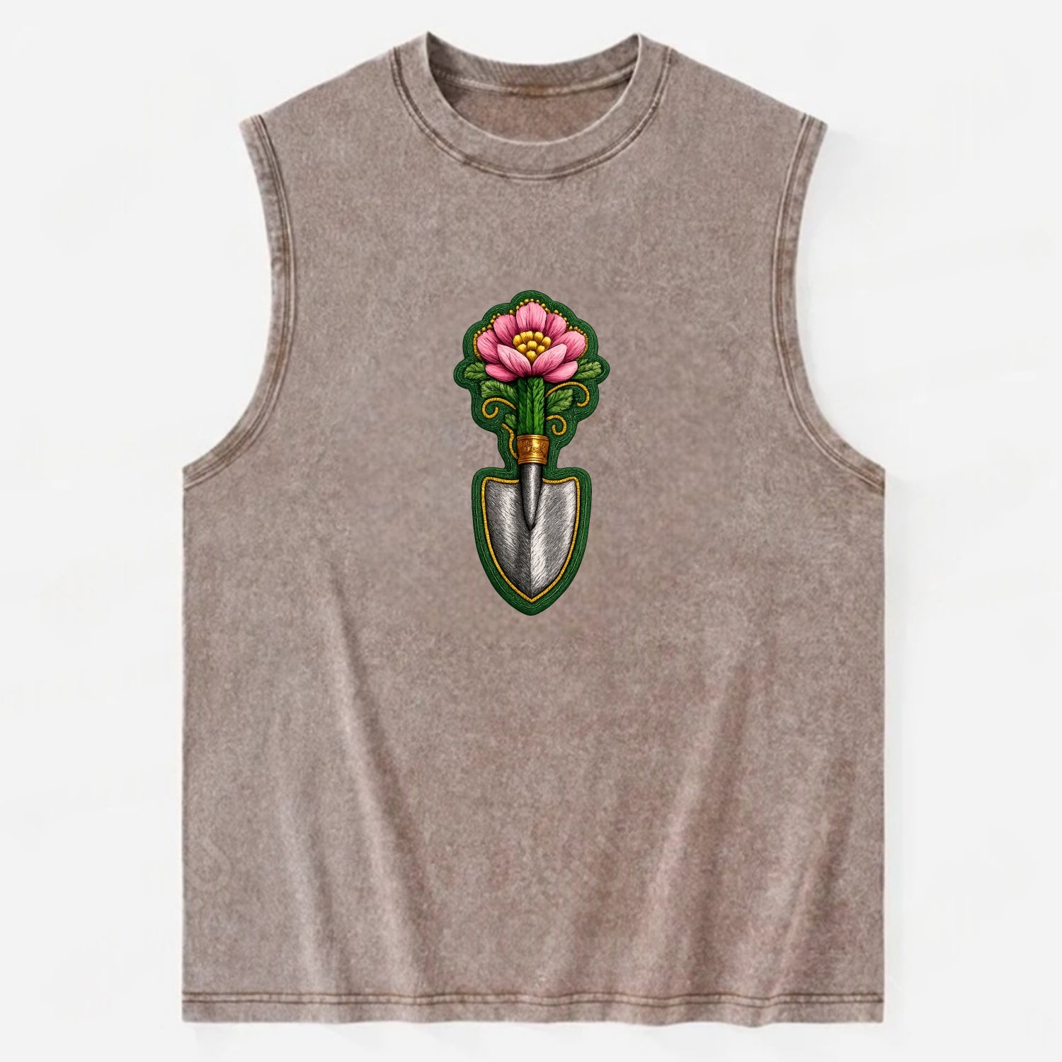 Embroidered patch design - GARDENING TROWEL FLOWER - garden tool with - Vintage Washed Tank - Brown