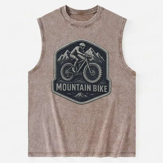 Mountain bike with rugged tires - cyclist badge - Vintage Washed Tank - Brown