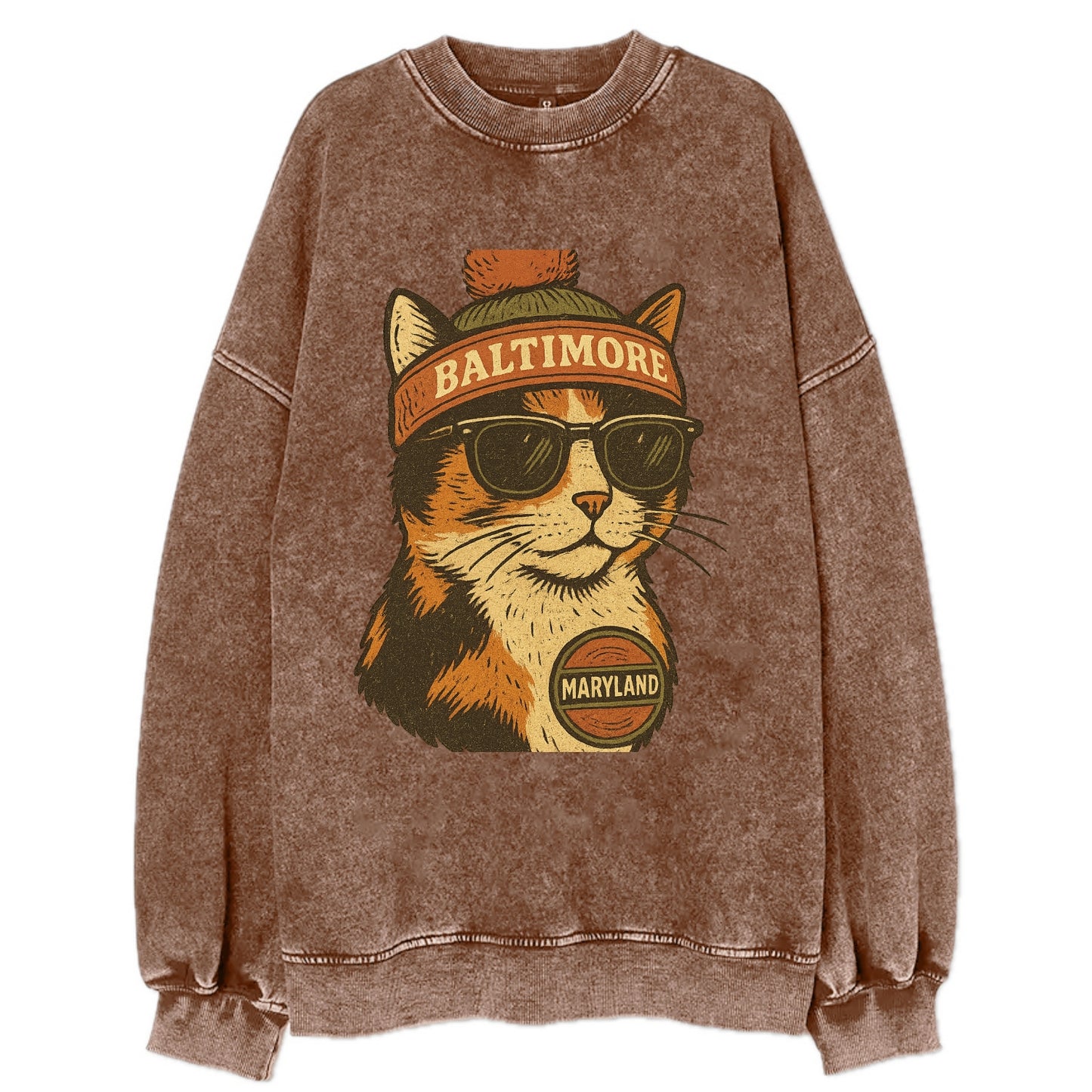 Maryland Calico Cat wearing Baltimore beanie with pom pom and wayfarer - Vintage Sweatshirt - Brown