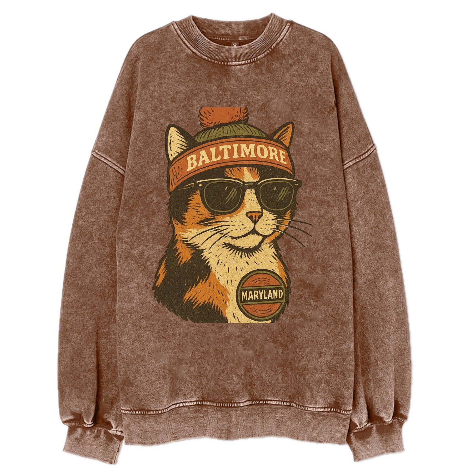 Maryland Calico Cat wearing Baltimore beanie with pom pom and wayfarer - Vintage Sweatshirt - Brown