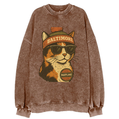 Maryland Calico Cat wearing Baltimore beanie with pom pom and wayfarer - Vintage Sweatshirt - Brown