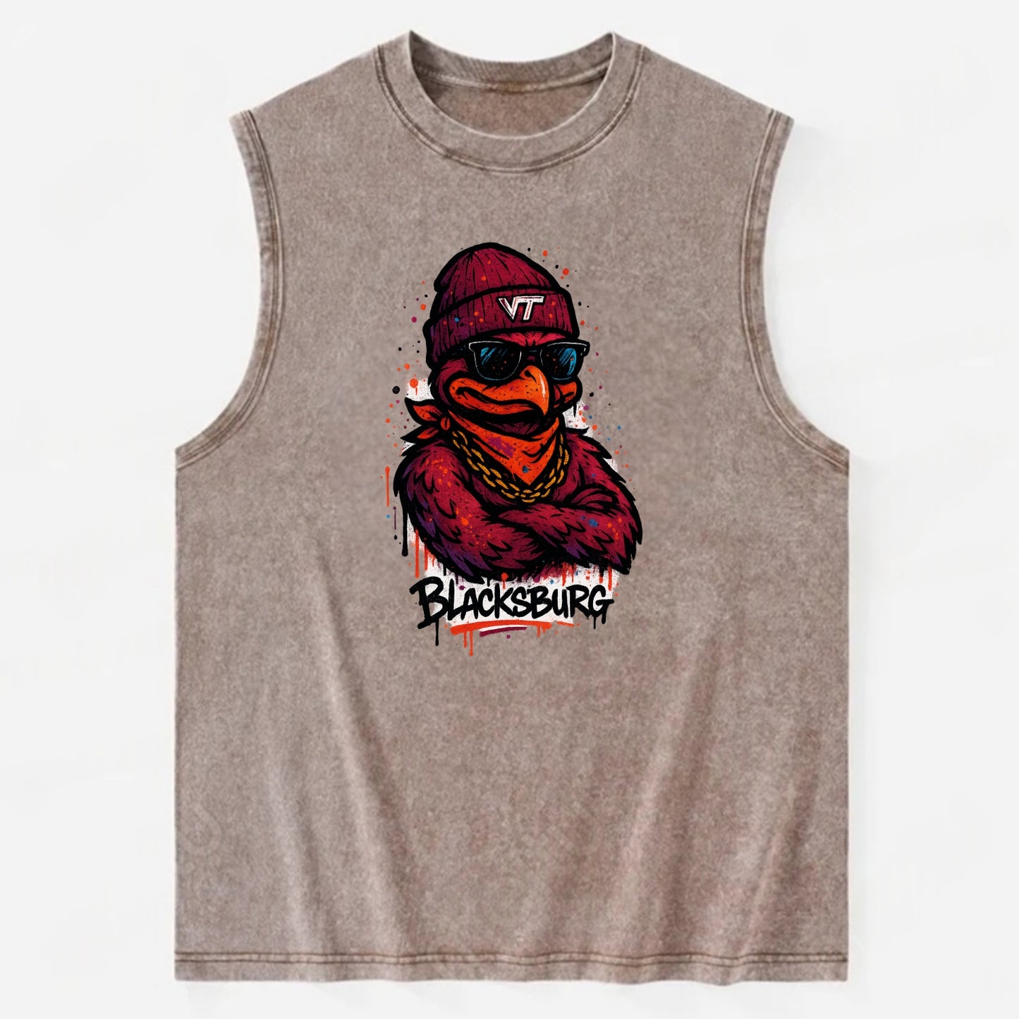 Blacksburg HokieBird wearing Virginia Tech beanie with VT patch - Vintage Washed Tank - Brown