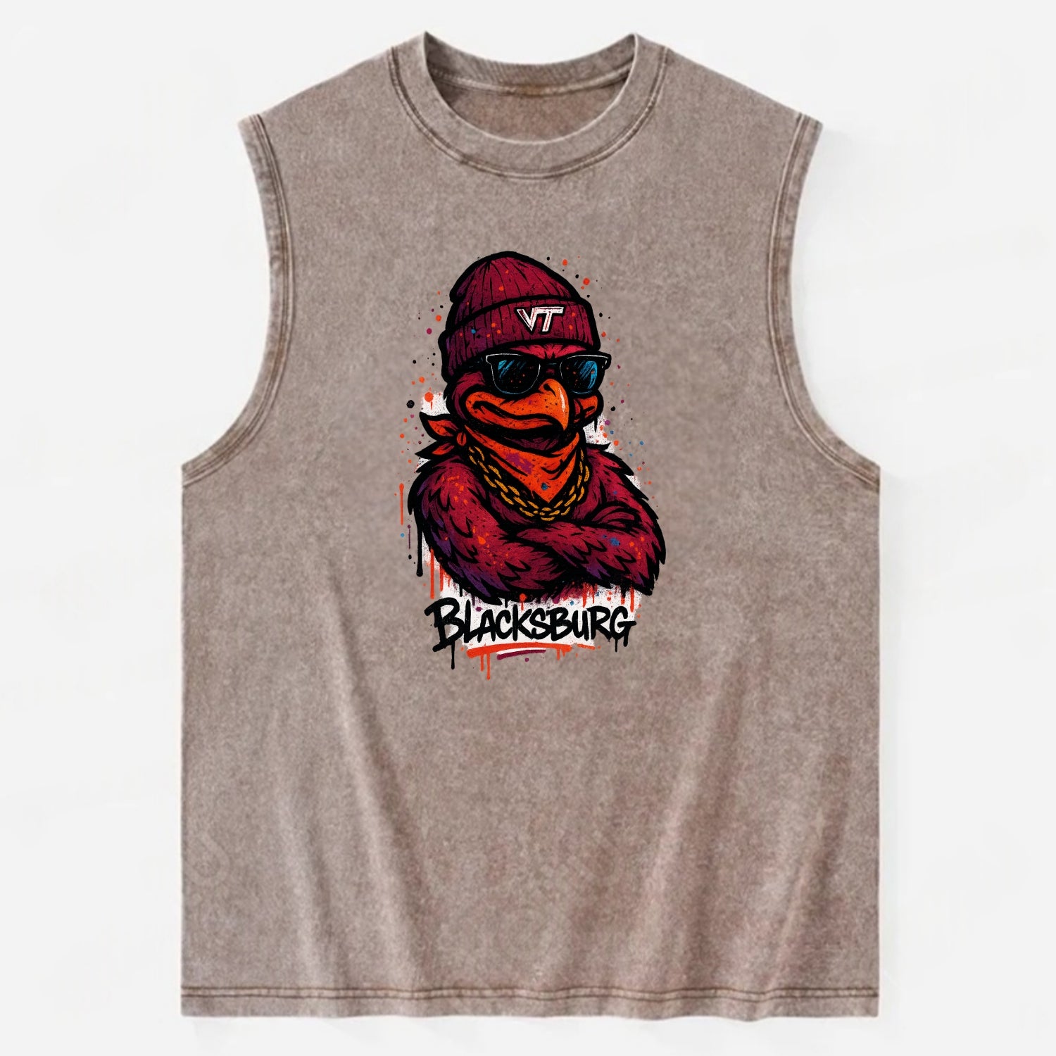 Blacksburg HokieBird wearing Virginia Tech beanie with VT patch - Vintage Washed Tank - Brown
