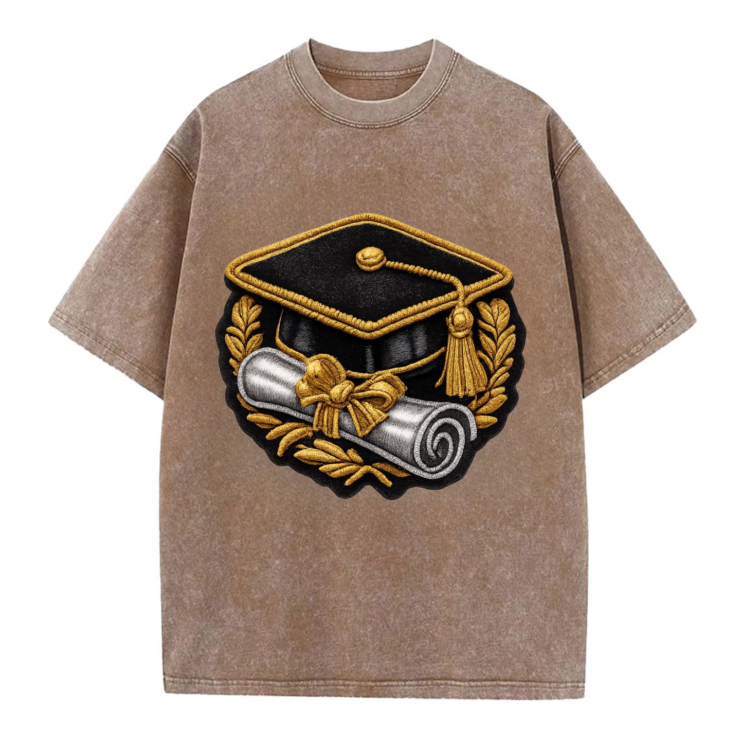 GRADUATION CAP - mortarboard with diploma in black and gold , achievement - Vintage T-shirt - Brown