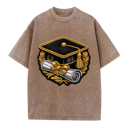 GRADUATION CAP - mortarboard with diploma in black and gold , achievement - Vintage T-shirt - Brown