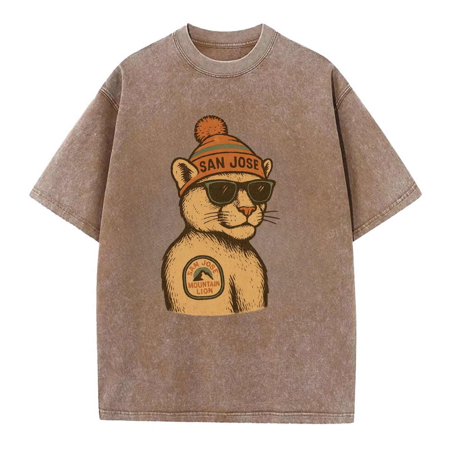 San Jose Mountain Lion wearing San Jose beanie with pom pom and wayfarer - Vintage T-shirt - Brown
