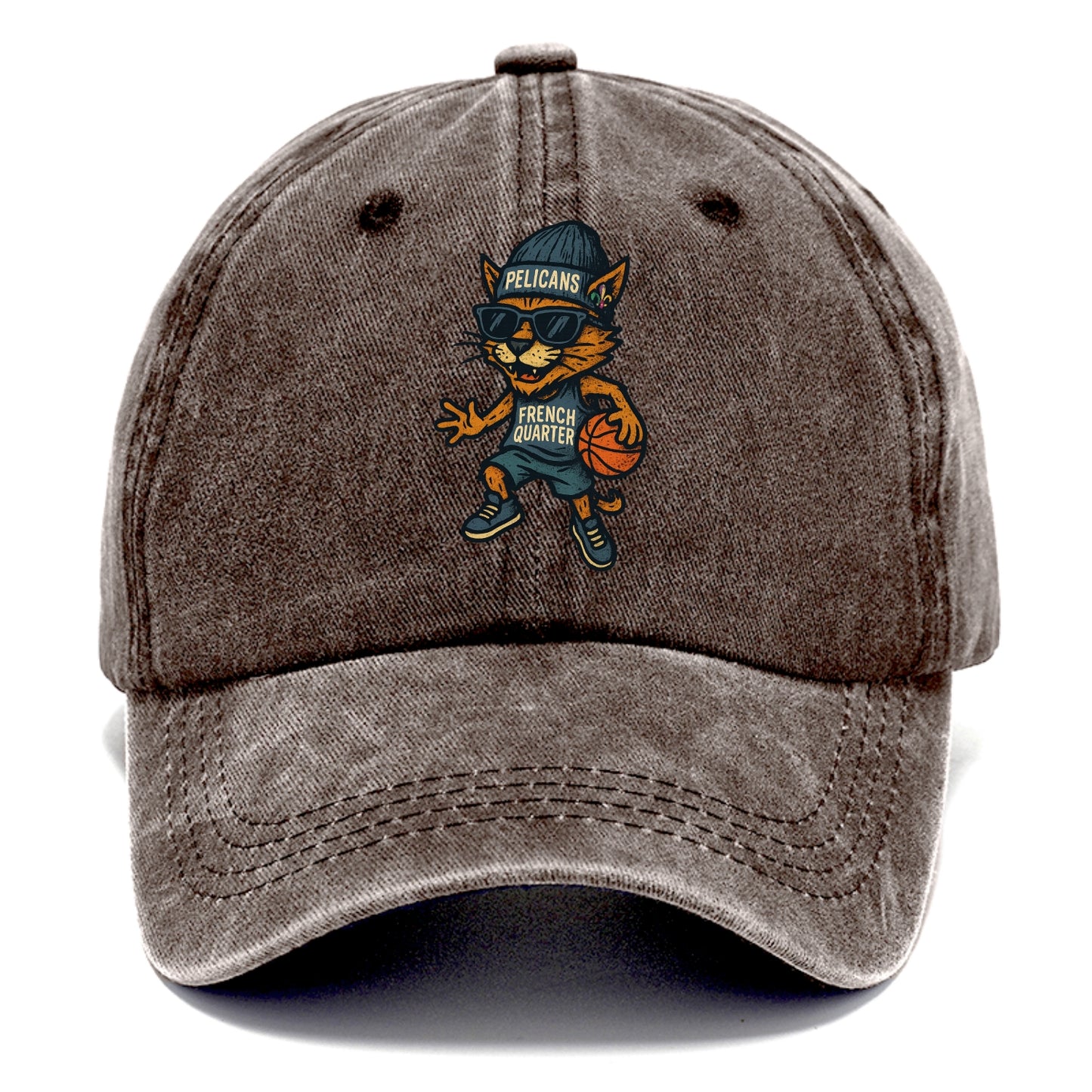 French Quarter Cat wearing Pelicans beanie with Mardi Gras patch and wayfarer - Classic Cap - Brown