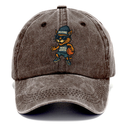French Quarter Cat wearing Pelicans beanie with Mardi Gras patch and wayfarer - Classic Cap - Brown