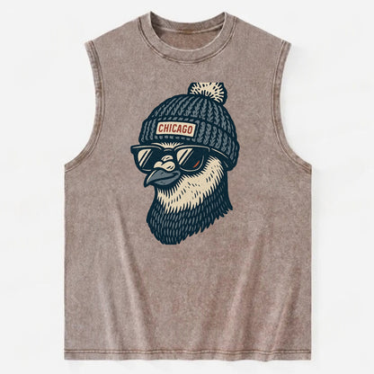 Chicago Pigeon wearing Chicago beanie with pom pom and wayfarer sunglasses - Vintage Washed Tank - Brown