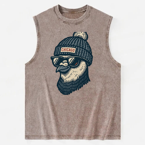 Chicago Pigeon wearing Chicago beanie with pom pom and wayfarer sunglasses - Vintage Washed Tank