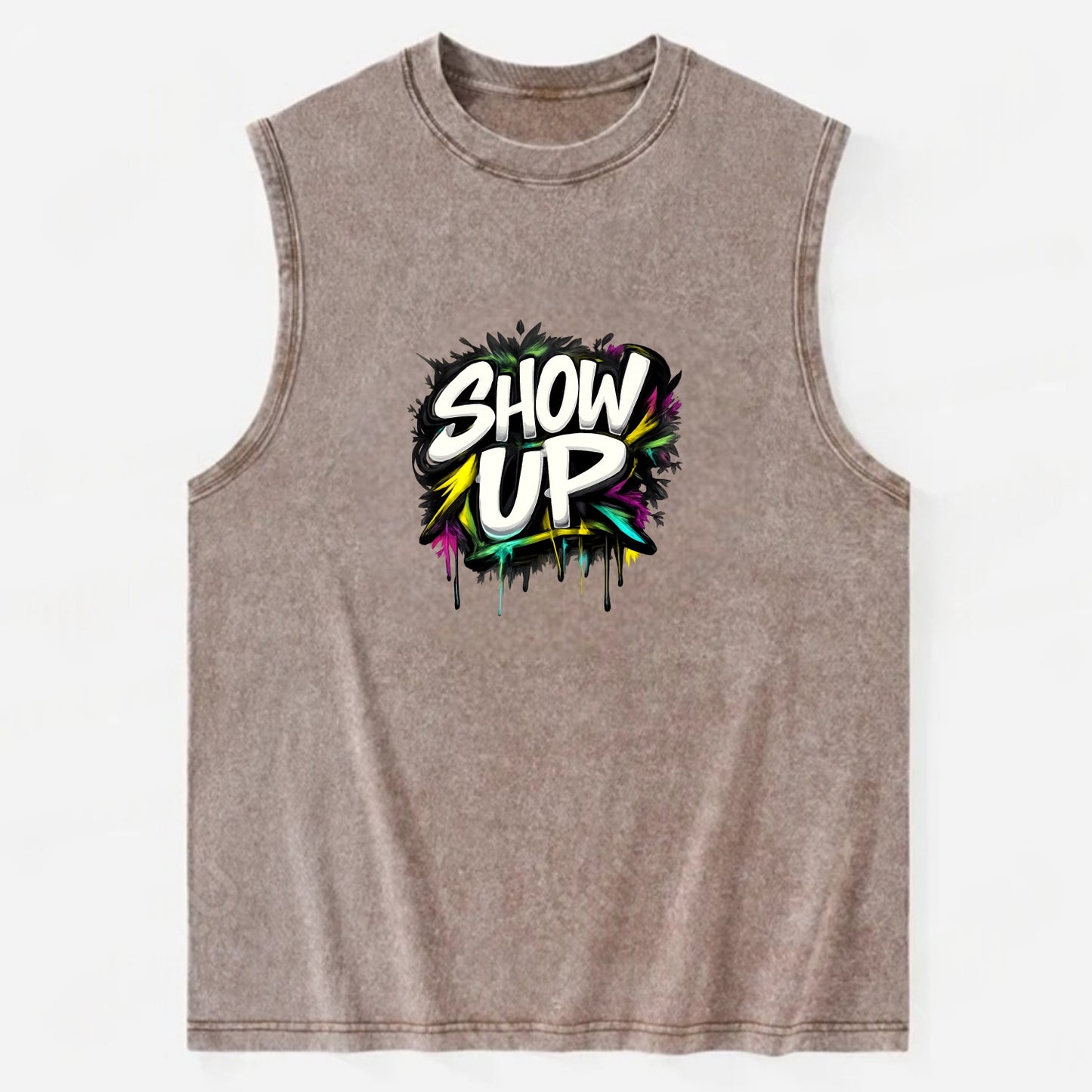 Bold typography design - "SHOW UP" - be present, arrive ready - Vintage Washed Tank - Brown