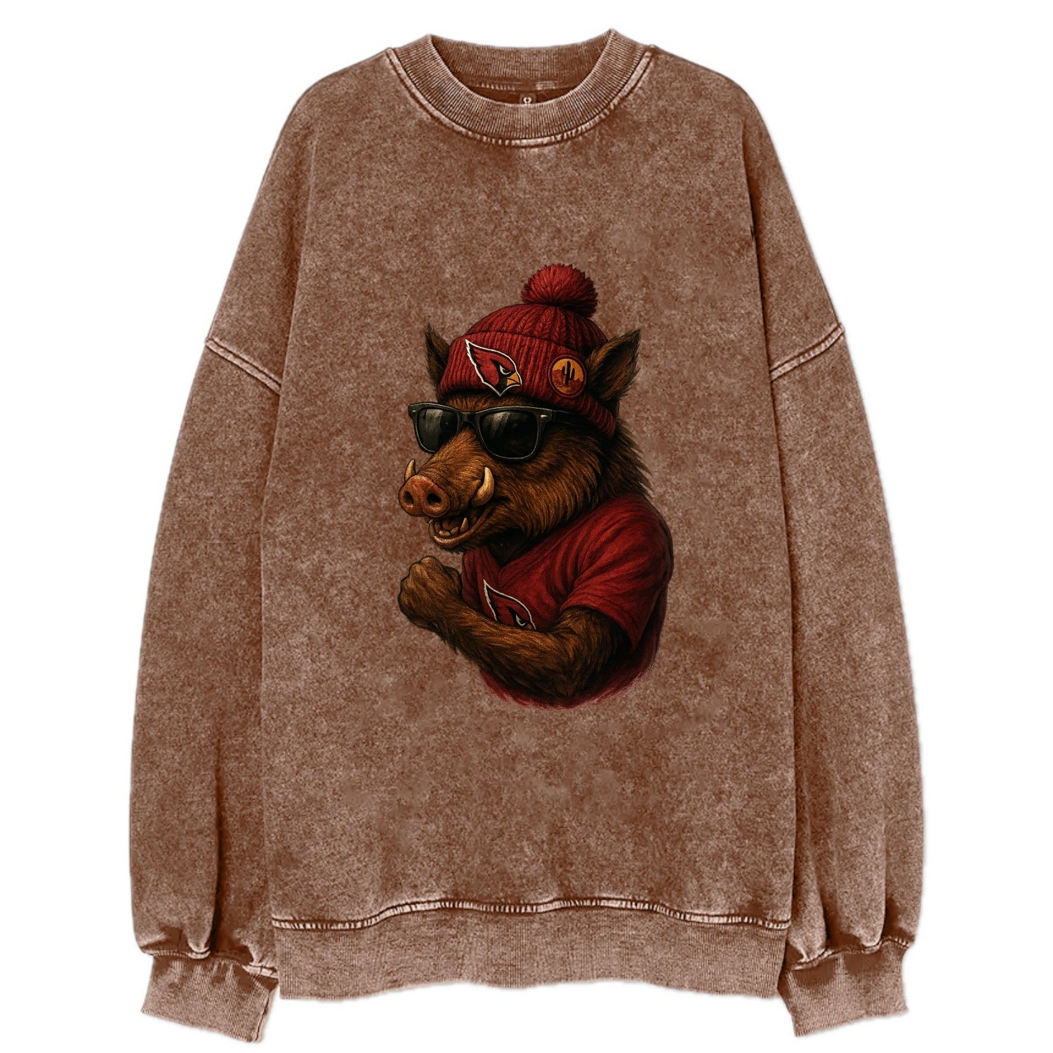 Arizona Javelina wearing Cardinals beanie with desert patch and wayfarer - Vintage Sweatshirt - Brown
