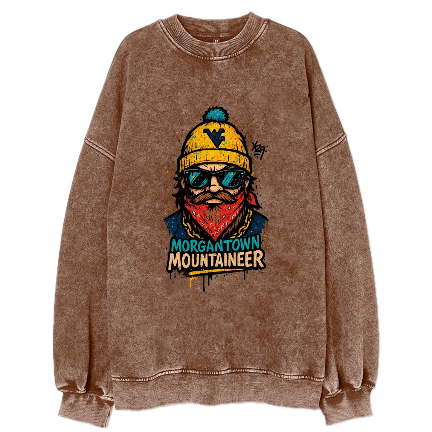 Morgantown Mountaineer wearing West Virginia beanie with WV patch - Vintage Sweatshirt - Brown