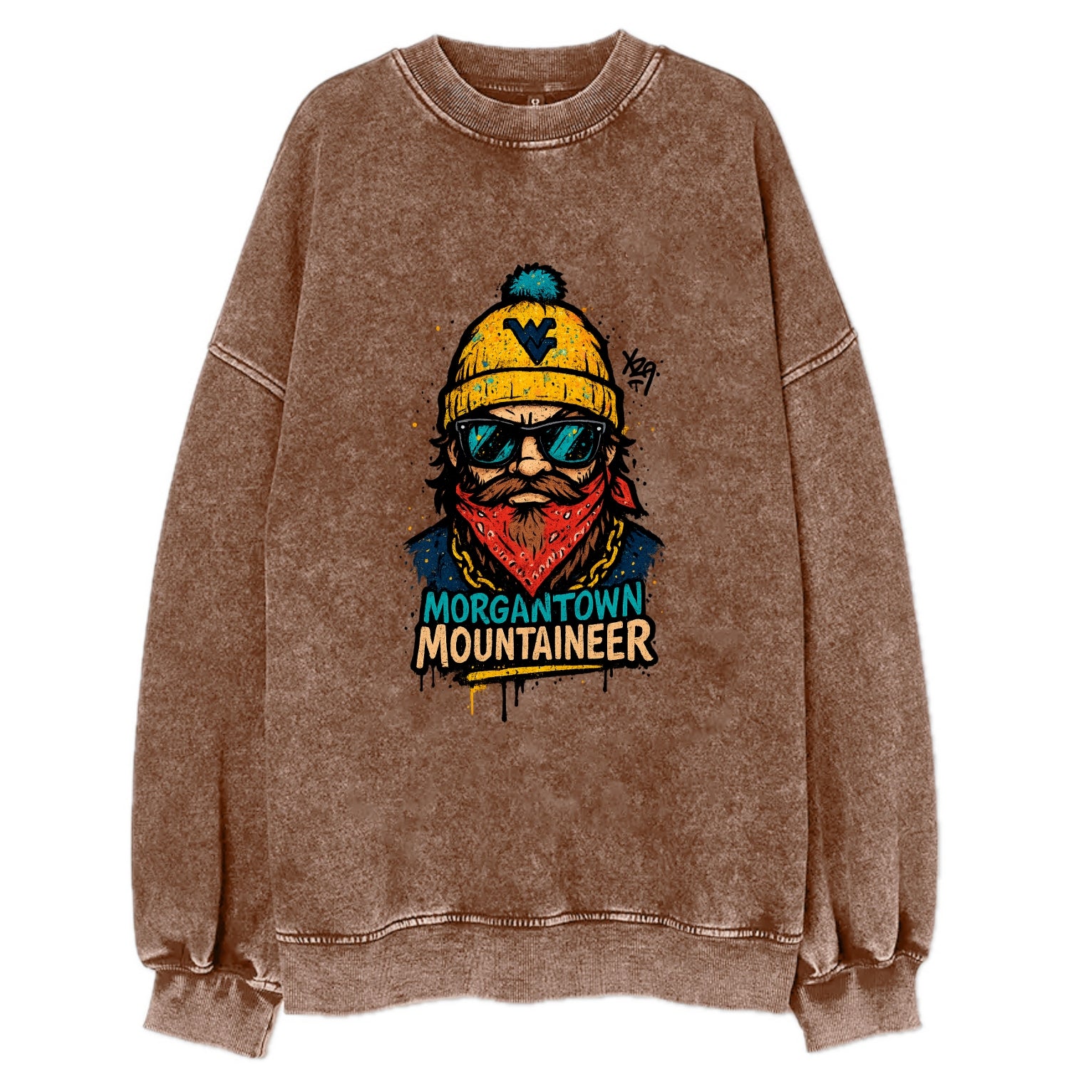 Morgantown Mountaineer wearing West Virginia beanie with WV patch - Vintage Sweatshirt - Brown