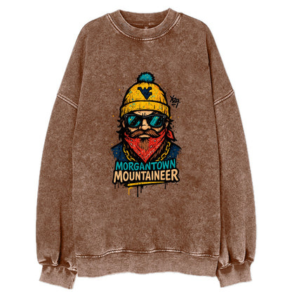 Morgantown Mountaineer wearing West Virginia beanie with WV patch - Vintage Sweatshirt - Brown