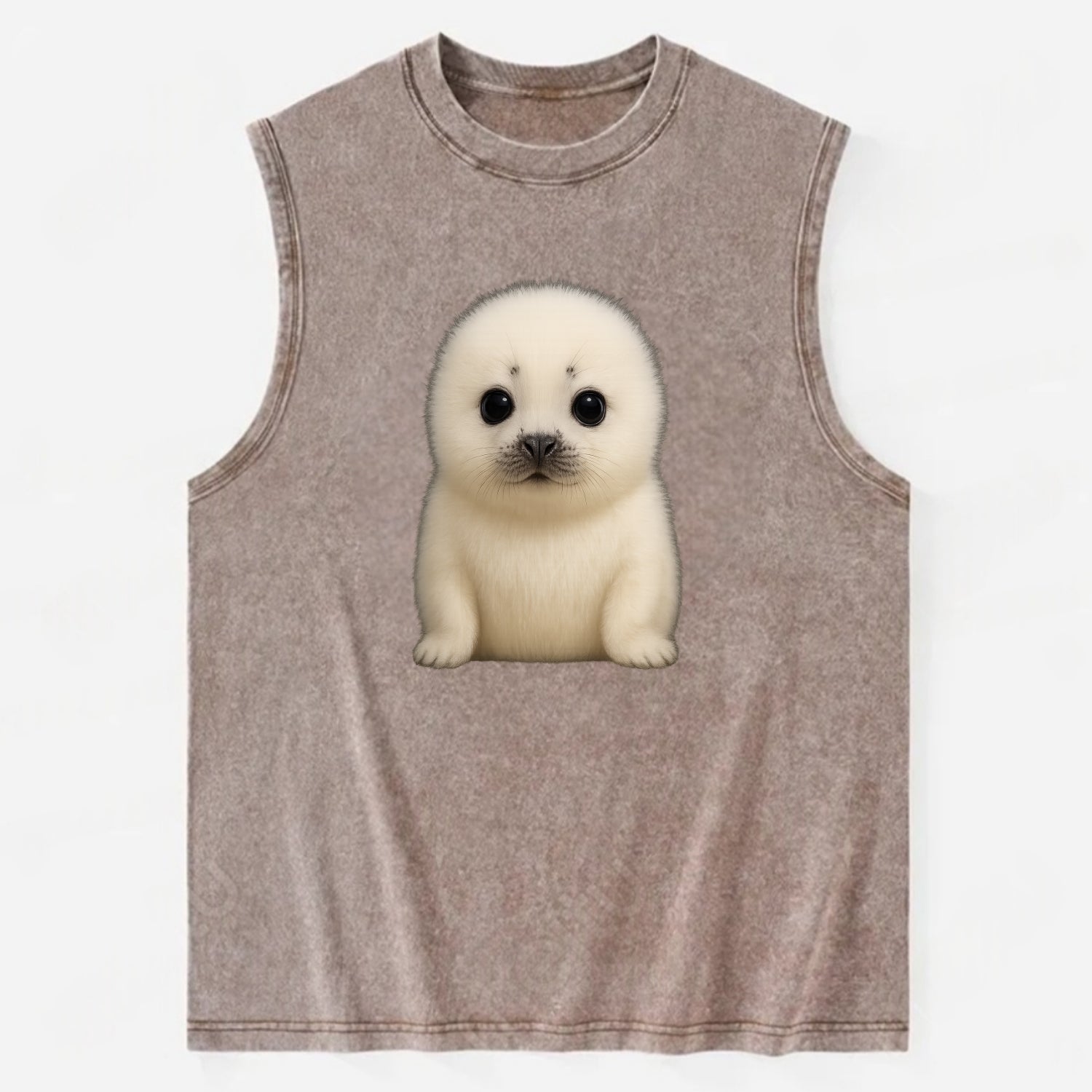 Baby Harp Seal - pure white fluffy fur, enormous dark eyes, front-facing, - Vintage Washed Tank - Brown