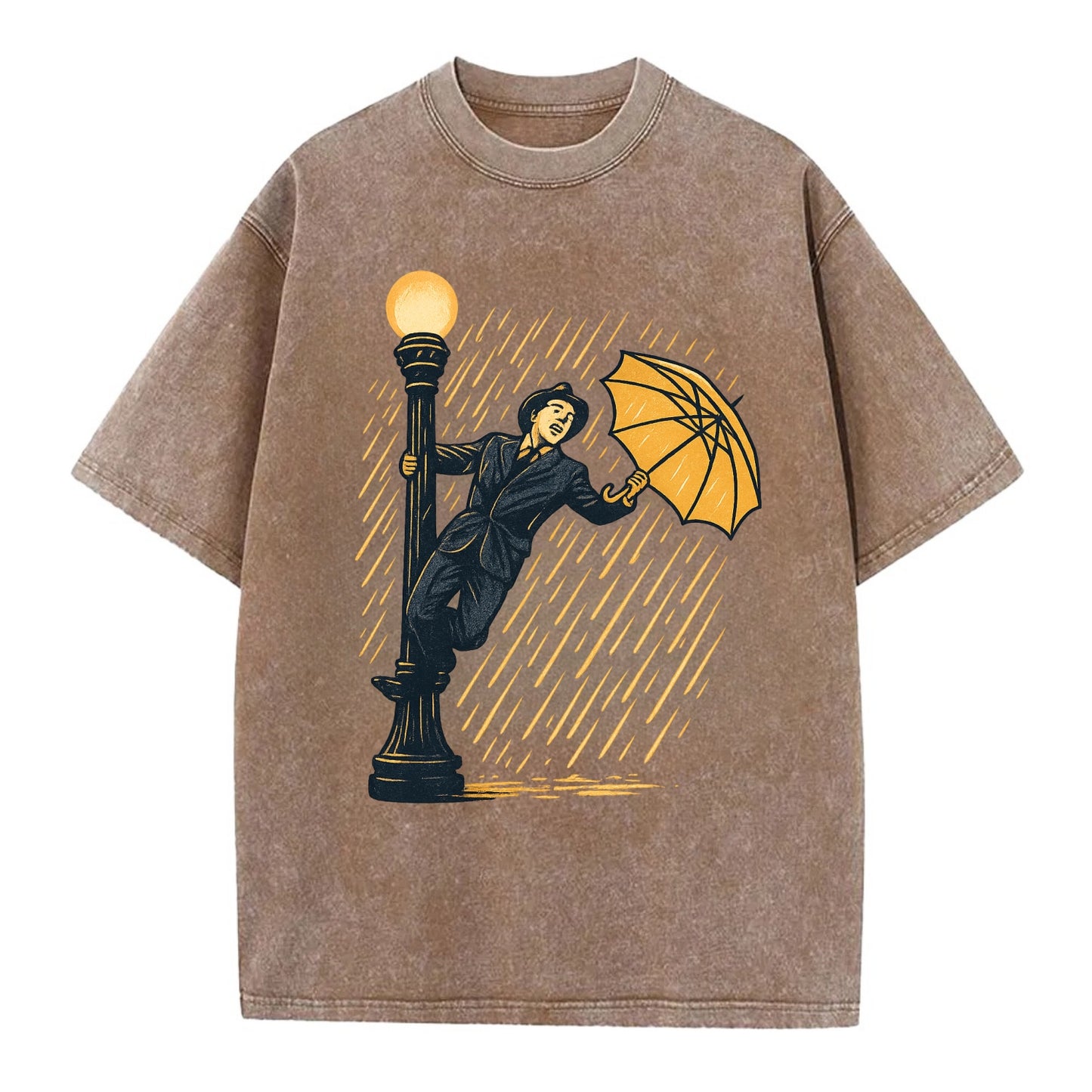joyful dancing on lamppost in heavy rain with big smile - Vintage T-shirt - Brown