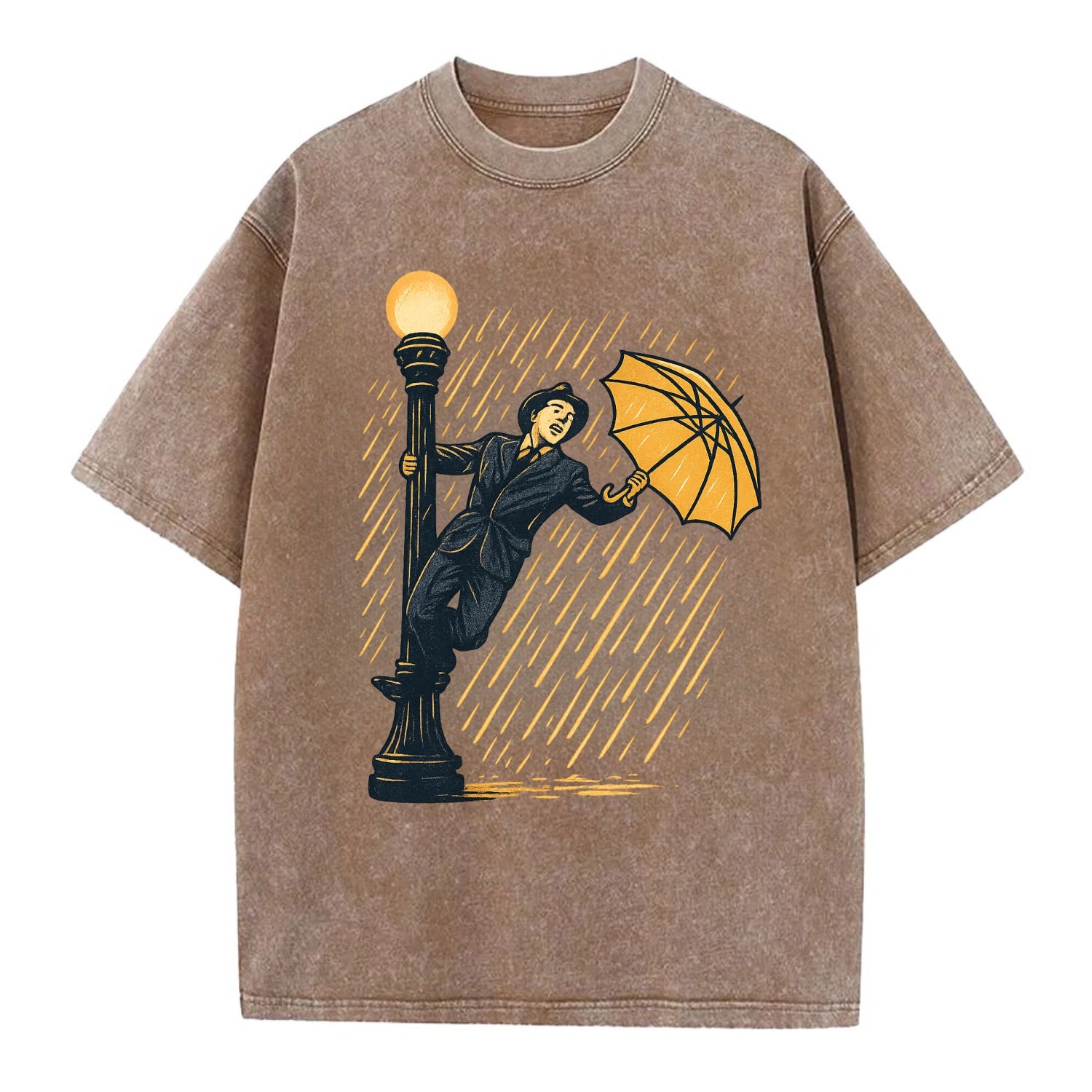 joyful dancing on lamppost in heavy rain with big smile - Vintage T-shirt - Brown