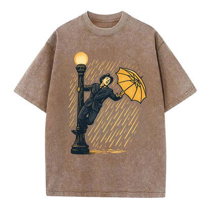 joyful dancing on lamppost in heavy rain with big smile - Vintage T-shirt - Brown