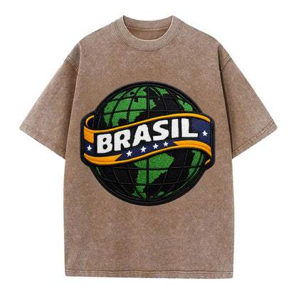 BRAZILIAN FLAG GLOBE - green globe with banner in green yellow blue , Brasil - Vintage T-shirt - Brown