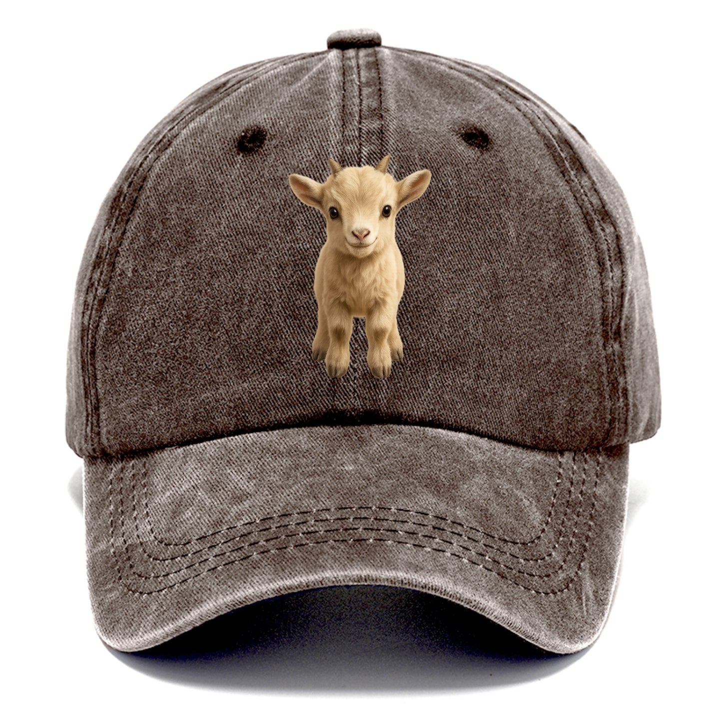 Baby Goat Kid - small horns, rectangular pupils, fluffy, playful eyes, front-facing, - Classic Cap - Brown