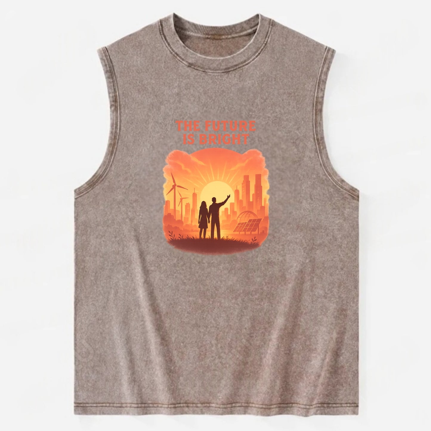 Sunrise over thriving sustainable city - "The Future is Bright" - optimistic - Vintage Washed Tank - Brown
