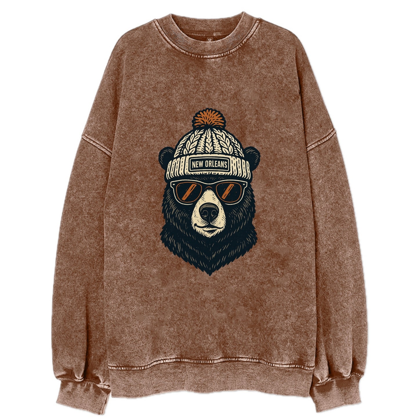 Louisiana Black Bear wearing New Orleans beanie with pom pom and wayfarer - Vintage Sweatshirt - Brown