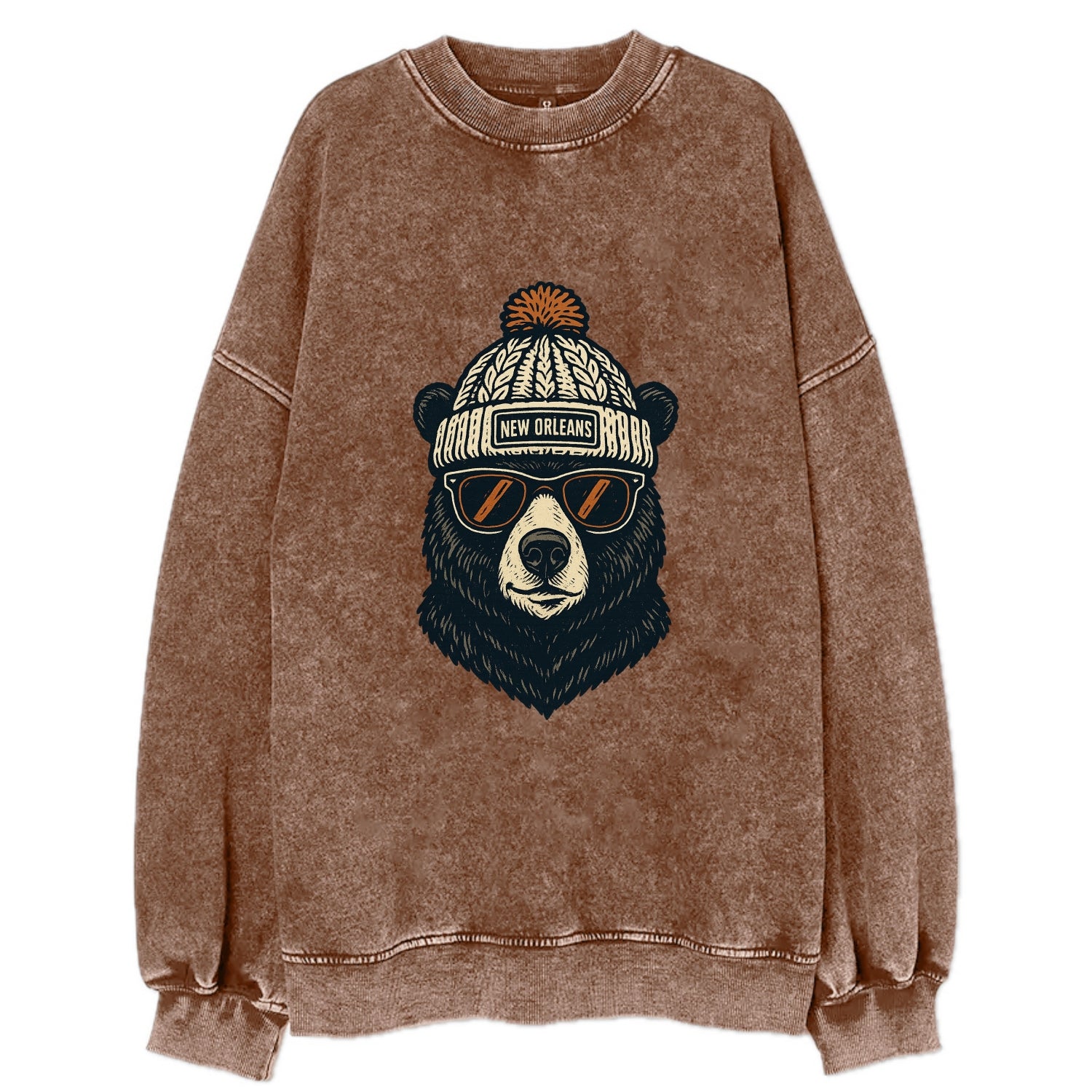 Louisiana Black Bear wearing New Orleans beanie with pom pom and wayfarer - Vintage Sweatshirt - Brown