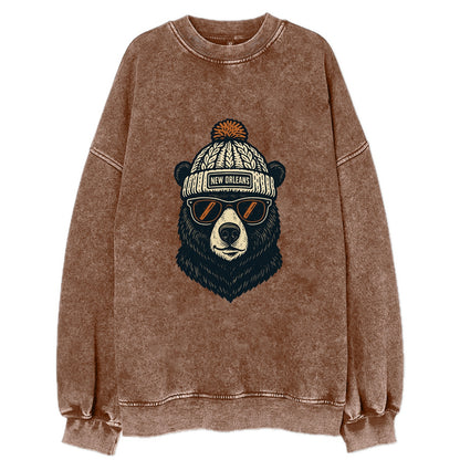 Louisiana Black Bear wearing New Orleans beanie with pom pom and wayfarer - Vintage Sweatshirt - Brown
