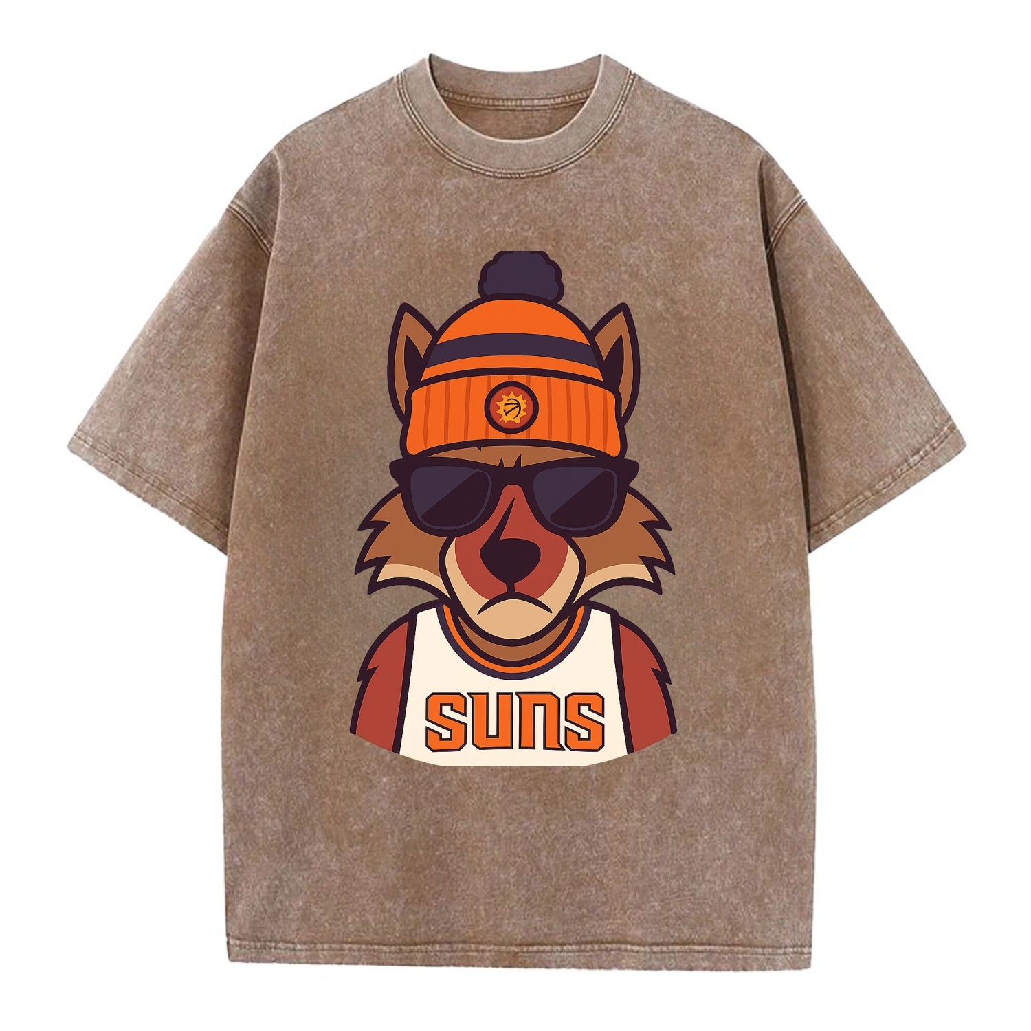 Arizona Coyote wearing Suns beanie with desert sun patch and wayfarer sunglasses - Vintage T-shirt - Brown