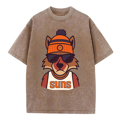 Arizona Coyote wearing Suns beanie with desert sun patch and wayfarer sunglasses - Vintage T-shirt - Brown