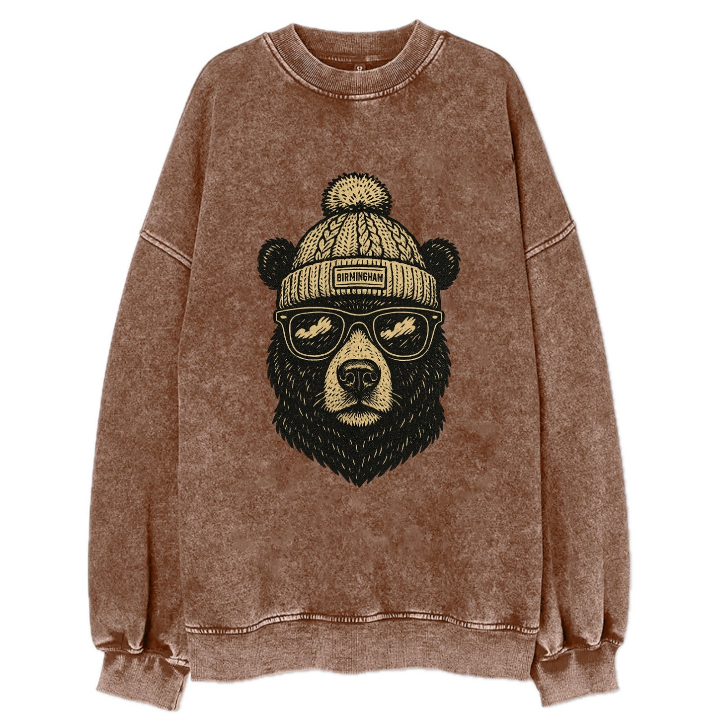 Alabama Black Bear wearing Birmingham beanie with pom pom and wayfarer - Vintage Sweatshirt - Brown