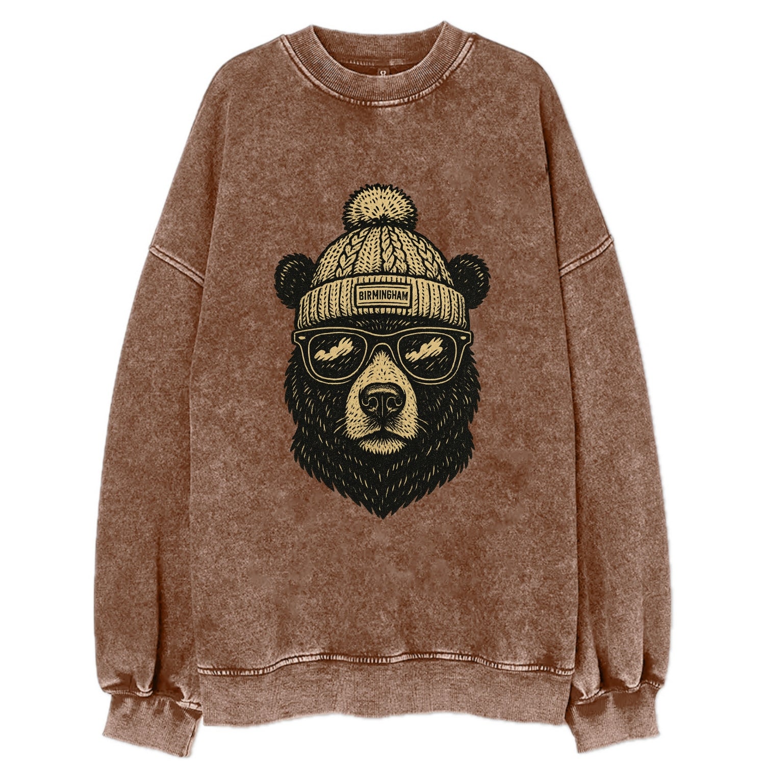 Alabama Black Bear wearing Birmingham beanie with pom pom and wayfarer - Vintage Sweatshirt - Brown