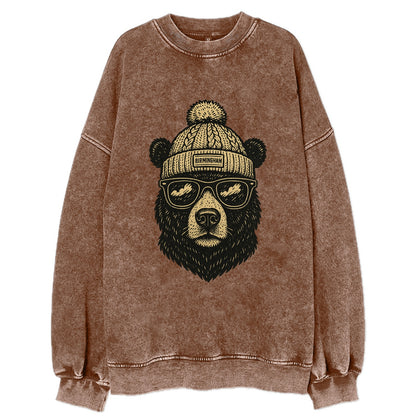 Alabama Black Bear wearing Birmingham beanie with pom pom and wayfarer - Vintage Sweatshirt - Brown