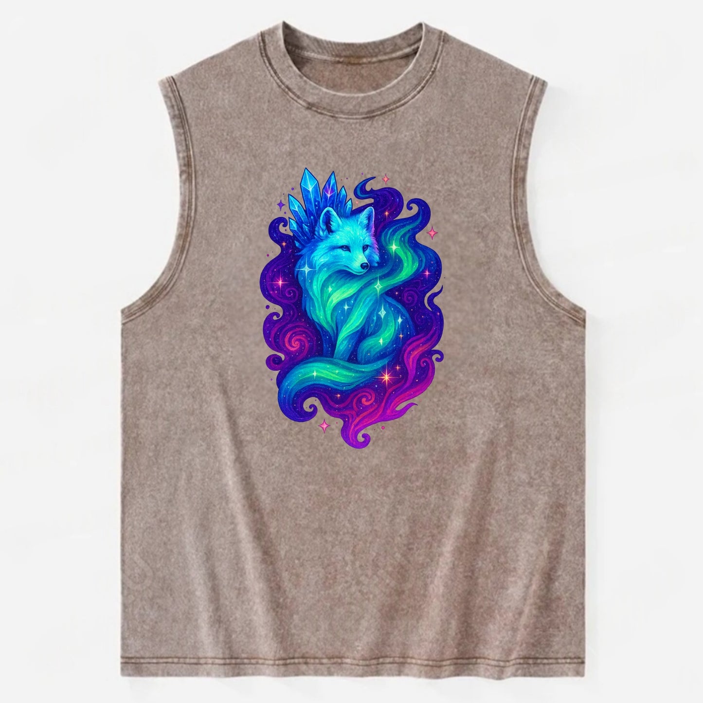Ethereal arctic fox with fur that transforms into crystal formations, - Vintage Washed Tank - Brown