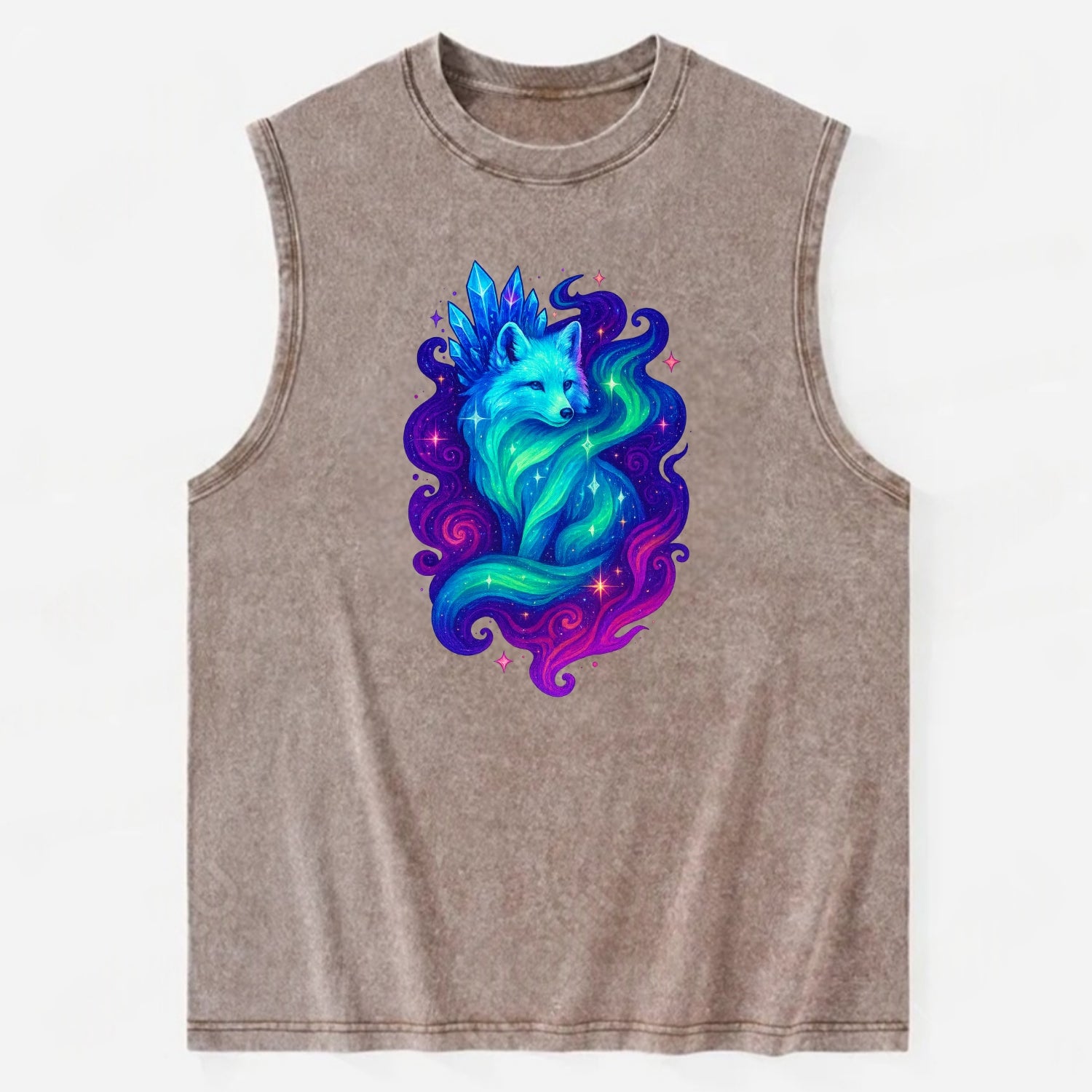 Ethereal arctic fox with fur that transforms into crystal formations, - Vintage Washed Tank - Brown