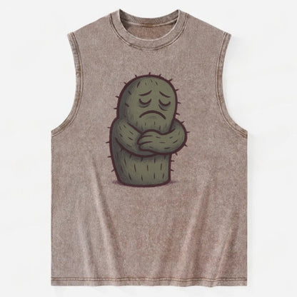 SINGLE IS VALID | Content cactus hugging itself - Vintage Washed Tank - Brown