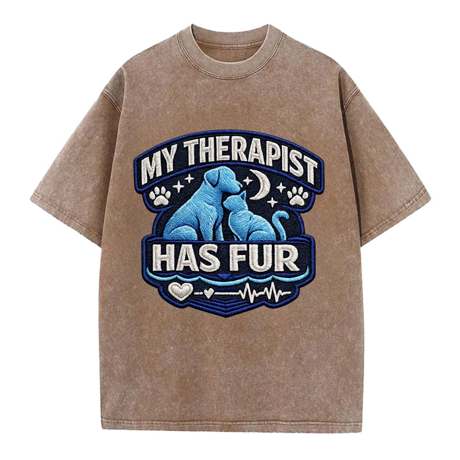 MY THERAPIST HAS FUR - pet silhouette in calming blue , emotional support - Vintage T-shirt - Brown