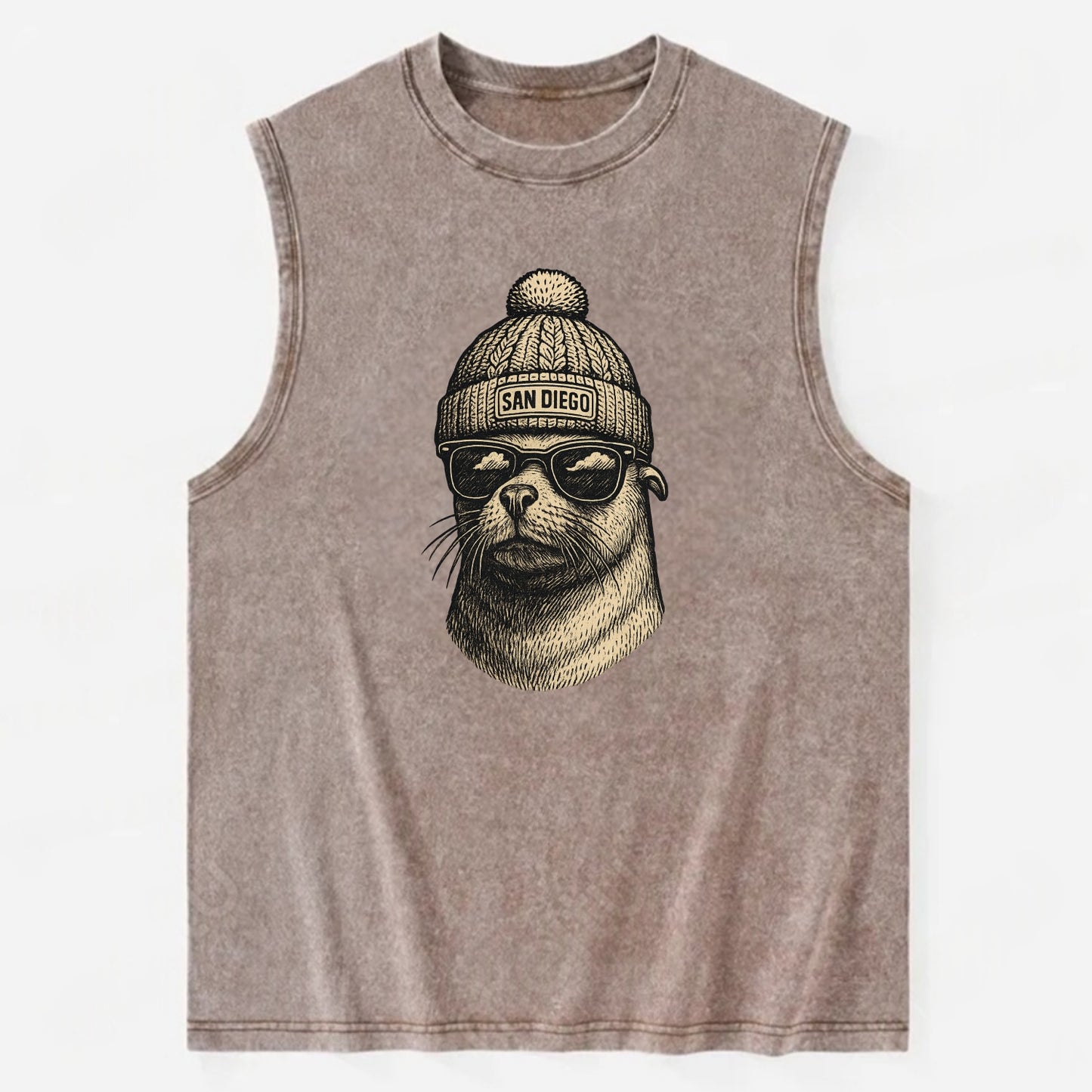 San Diego Sea Lion wearing San Diego beanie with pom pom and wayfarer - Vintage Washed Tank - Brown