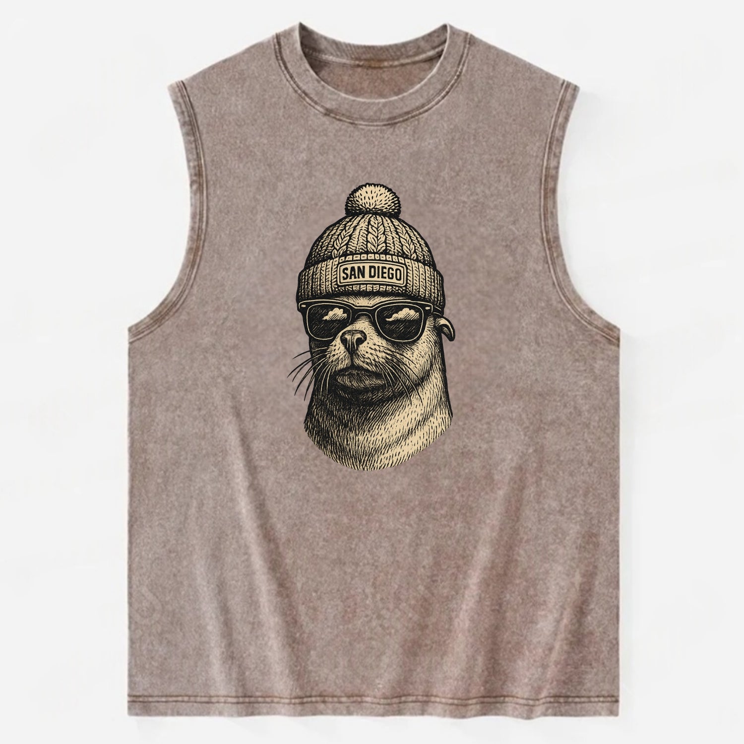 San Diego Sea Lion wearing San Diego beanie with pom pom and wayfarer - Vintage Washed Tank - Brown