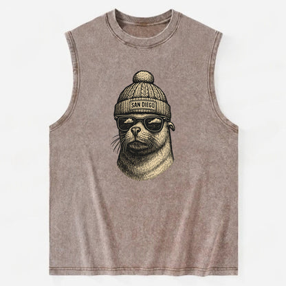 San Diego Sea Lion wearing San Diego beanie with pom pom and wayfarer - Vintage Washed Tank - Brown