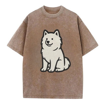 Samoyed - White fluffy embroidered desig Vintage T-shirt - Brown