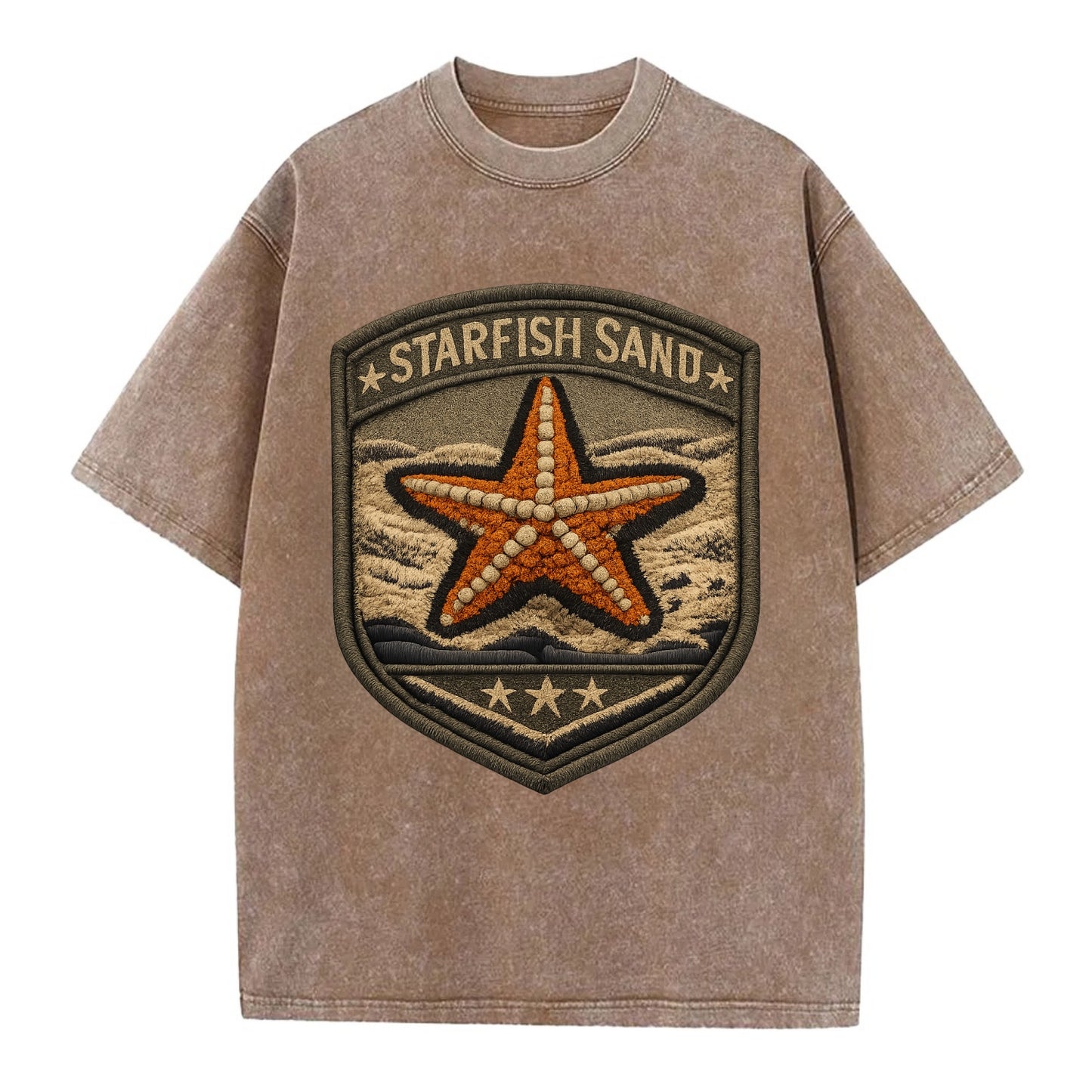 STARFISH SAND - sea star in orange and tan , beachcomber - Vintage T-shirt - Brown