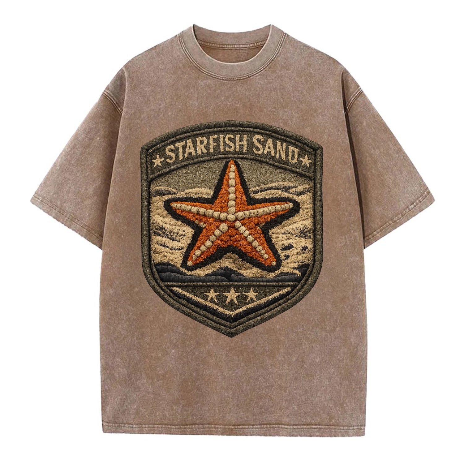 STARFISH SAND - sea star in orange and tan , beachcomber - Vintage T-shirt - Brown