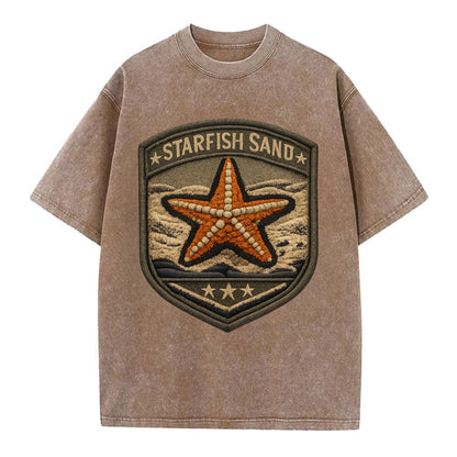 STARFISH SAND - sea star in orange and tan , beachcomber - Vintage T-shirt - Brown