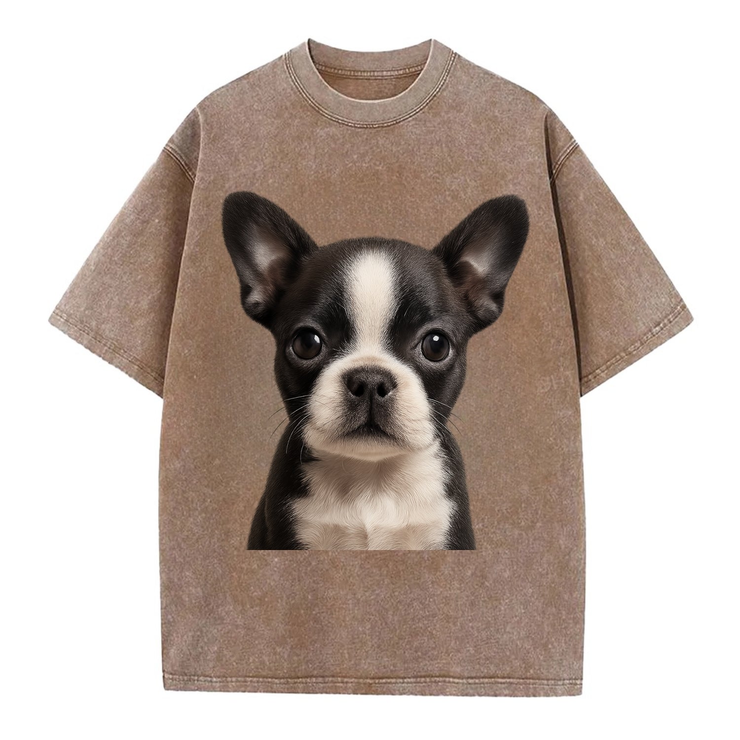 Baby Boston Terrier Puppy - tuxedo markings, big round eyes, bat ears, - Vintage T-shirt - Brown