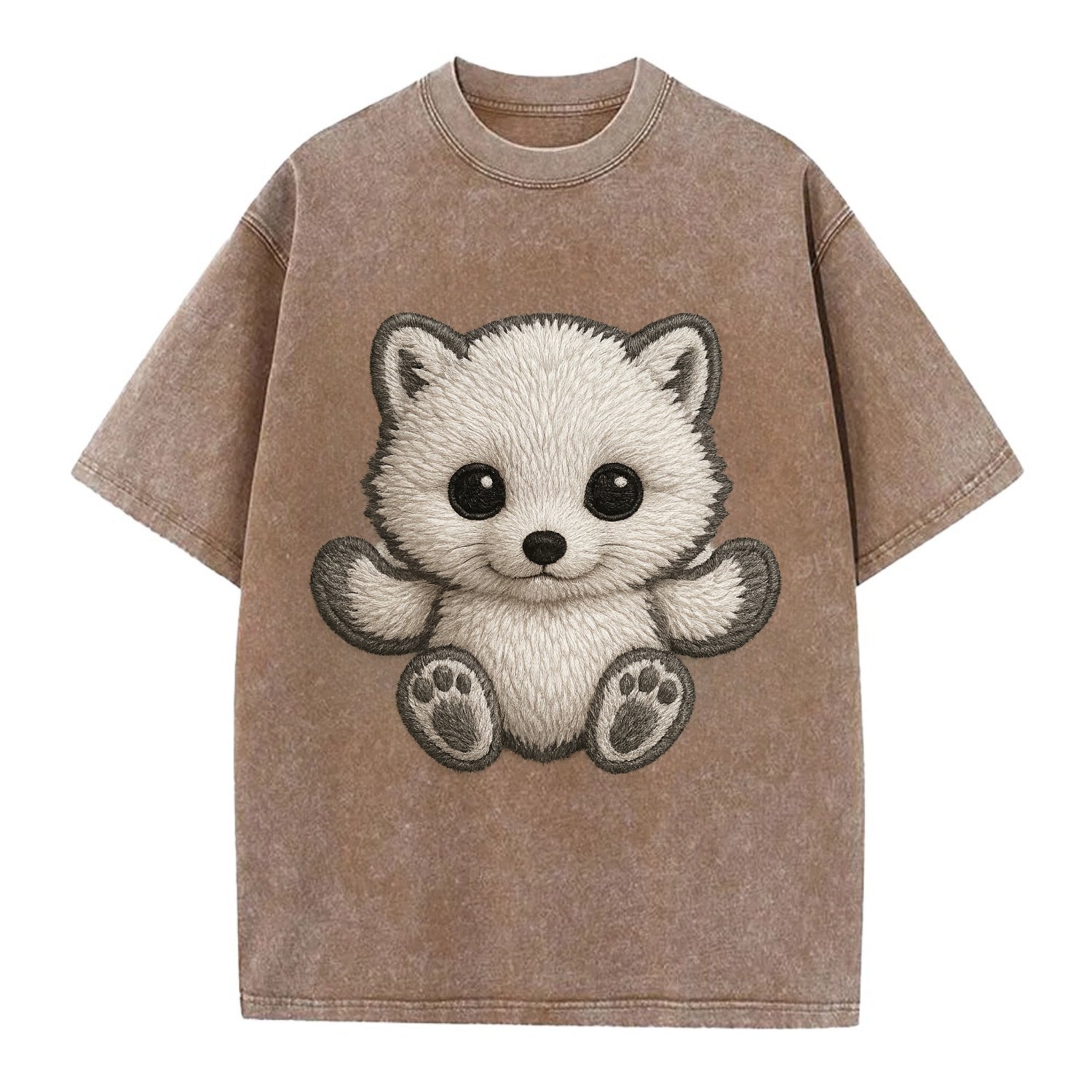 Baby Arctic Fox - white fluffy, tiny black nose, bright curious eyes, - Vintage T-shirt - Brown
