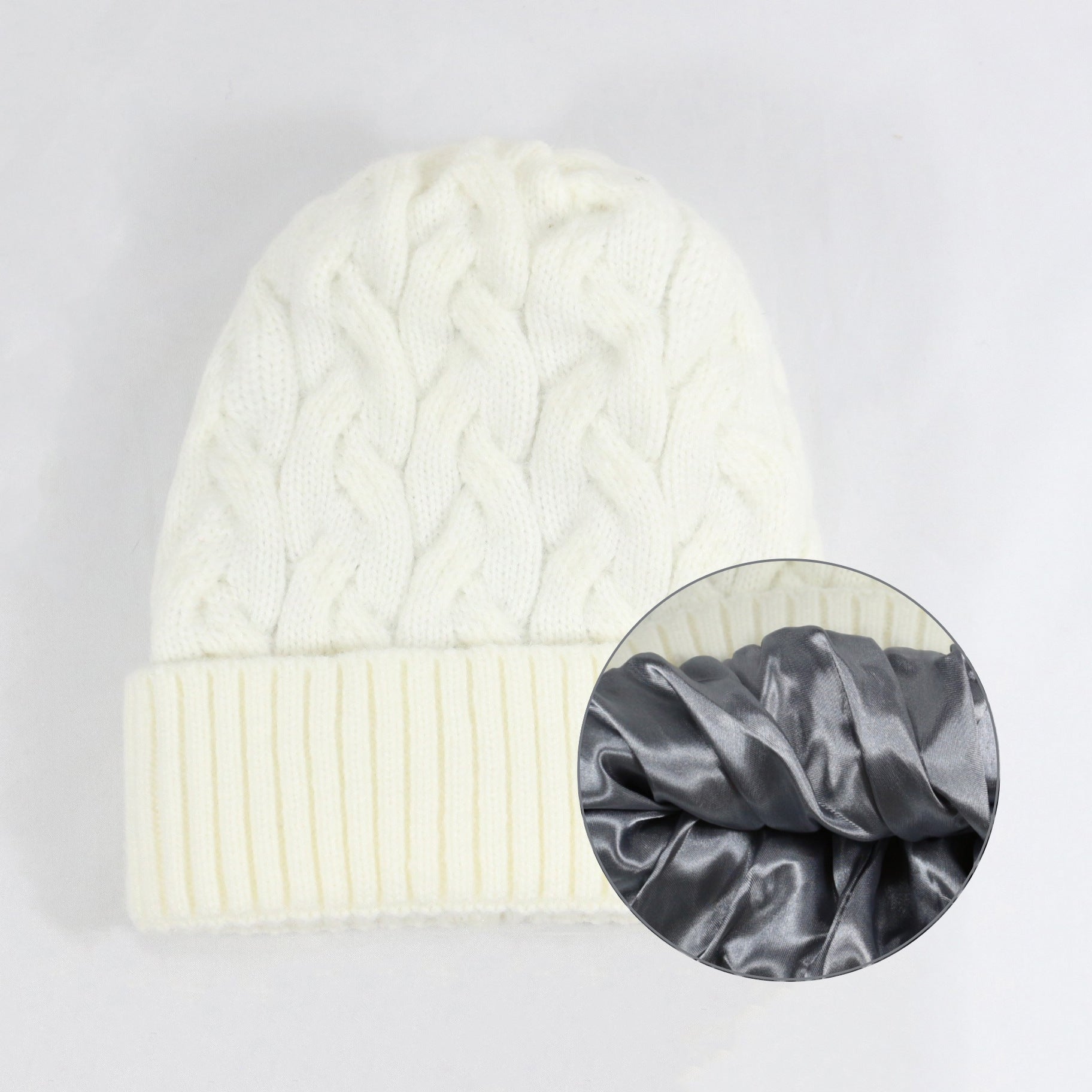 Cashmere Blend Cable Knit Beanie - Satin Lined